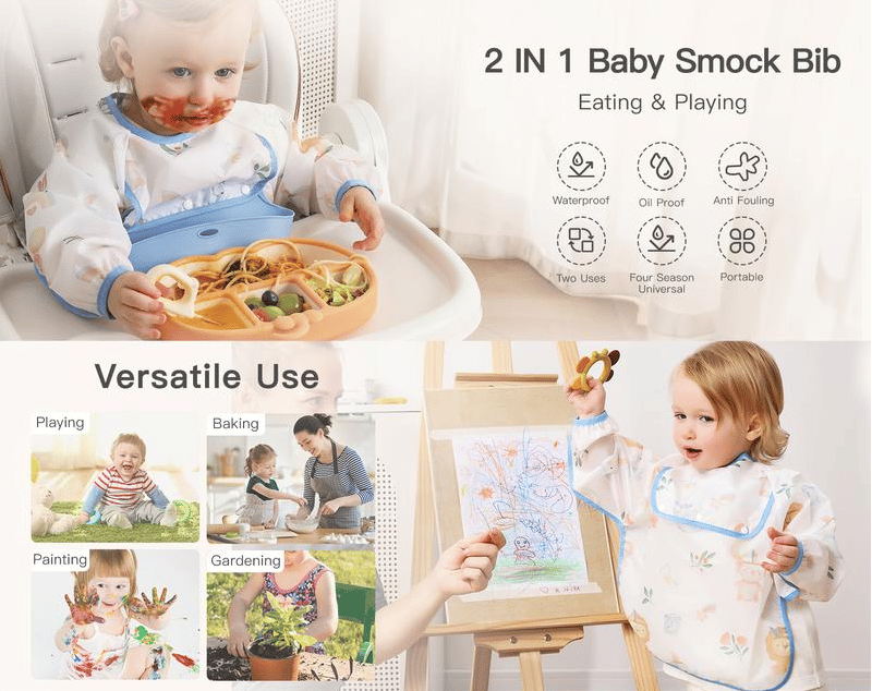 👶Baby Long Sleeve Bib with Silicone Catch Pocket