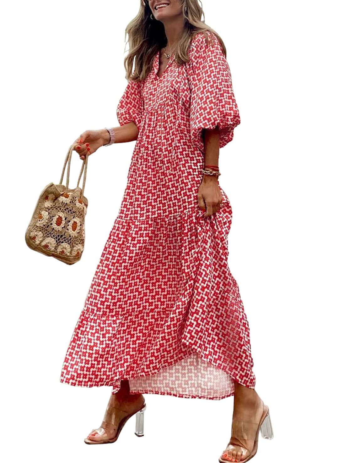 🎁This Week's Special Price $32.99💥Women's Puff Sleeve Floral Boho Maxi Dress