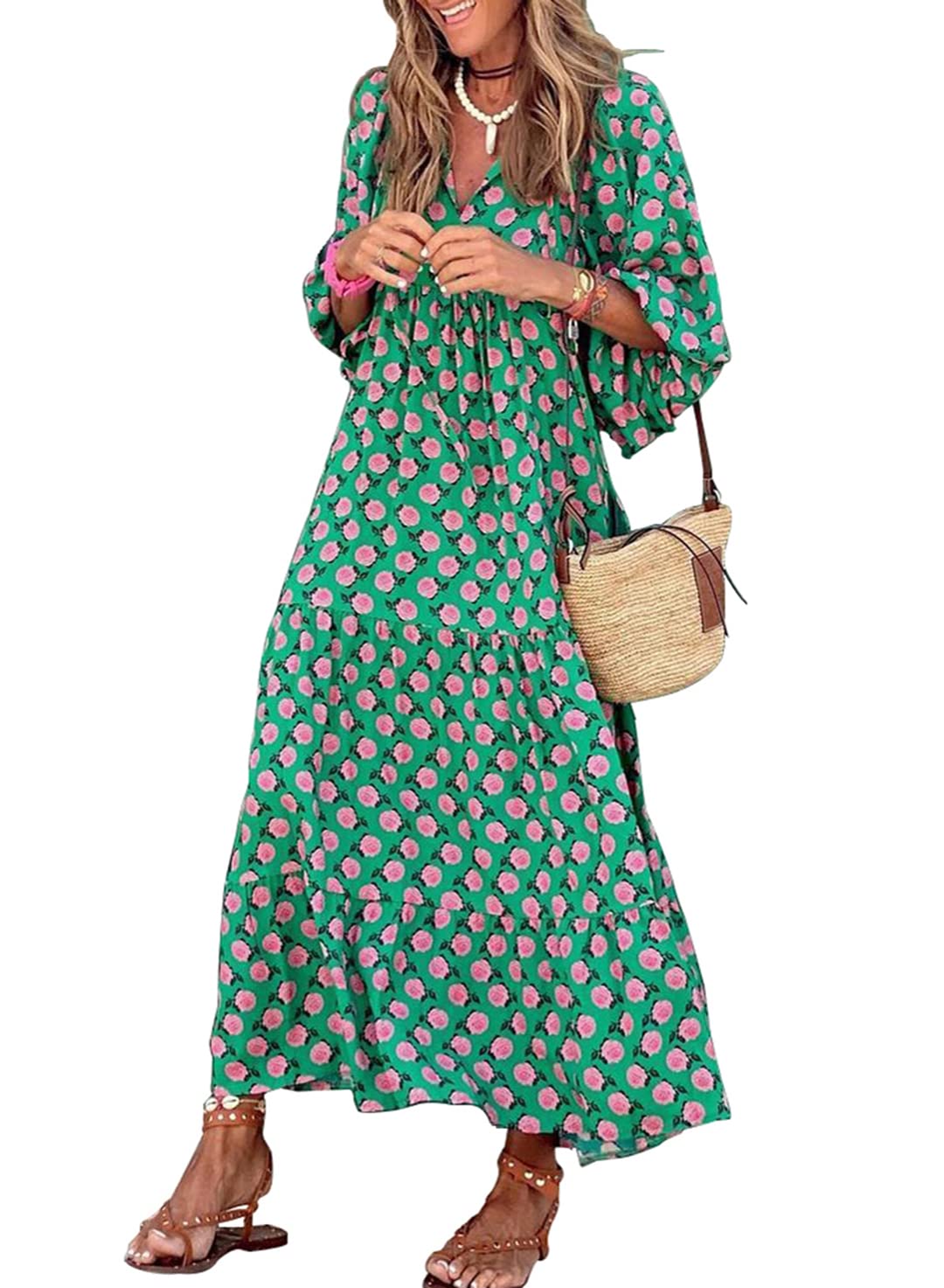 🎁This Week's Special Price $32.99💥Women's Puff Sleeve Floral Boho Maxi Dress