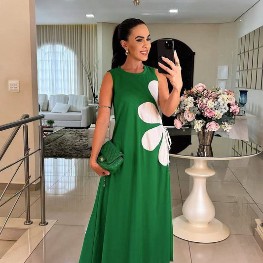 💃🌷Floral Drawstring Sleeveless Round-Neck Dress