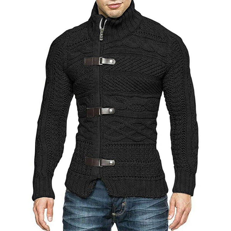 Autumn/Winter Turtleneck Sweater Men's Color Matching Leather Button Long-Sleeved Knitted Cardigan