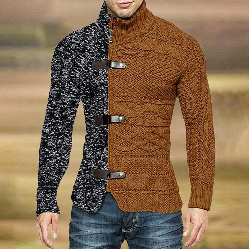 Autumn/Winter Turtleneck Sweater Men's Color Matching Leather Button Long-Sleeved Knitted Cardigan