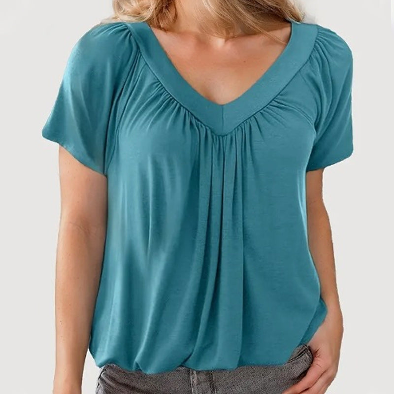 🔥💐Women's Casual Pleated V-Neck Short-Sleeve Top