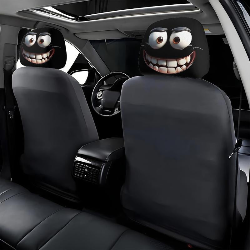 🔥2pcs Set of Funny Big-Eyed Grinning Cartoon Print Car Seat Headrest Covers