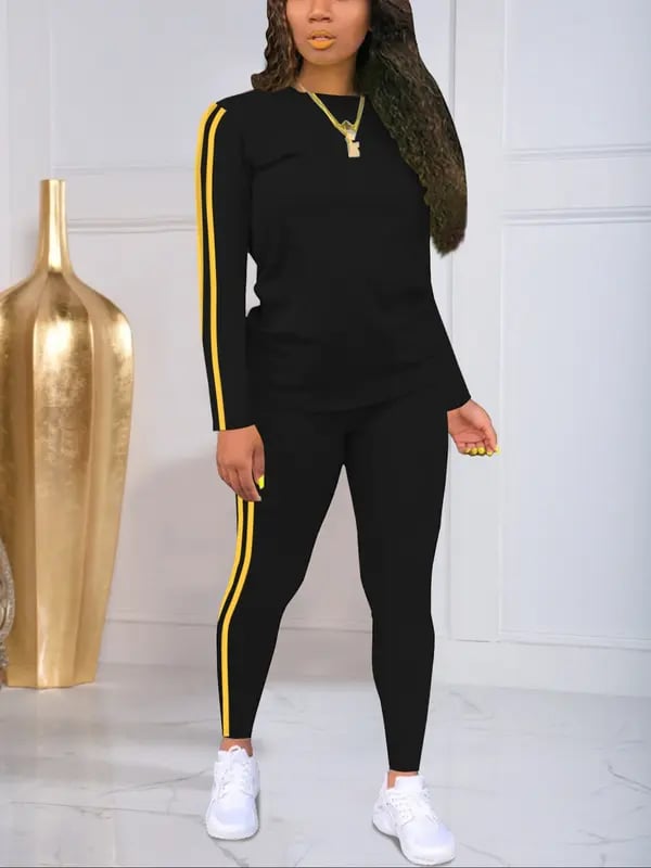 Women's Striped Print Long Sleeve Top & Pants Two-piece Set, Casual Fashion Cozy Round Neck Top & Trousers for Daily Outdoor Wear, Ladies Clothes