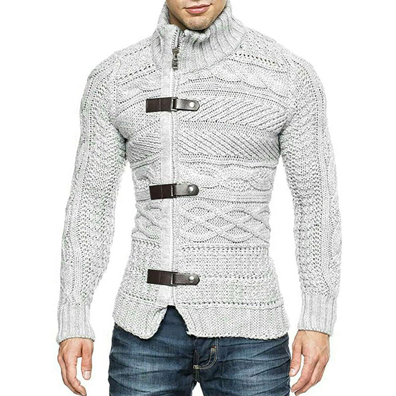 Autumn/Winter Turtleneck Sweater Men's Color Matching Leather Button Long-Sleeved Knitted Cardigan