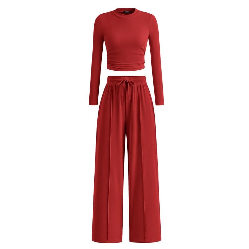 2-Piece Ribbed Knit Long Sleeve Crop Top Wide Leg Pants Matching Lounge Set Loungewear[Buy 2 Free Shipping]