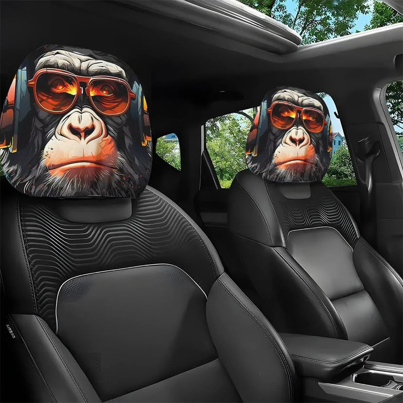 🔥2pcs Set of Funny Big-Eyed Grinning Cartoon Print Car Seat Headrest Covers