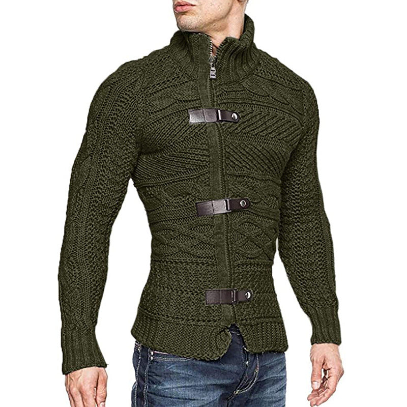 Autumn/Winter Turtleneck Sweater Men's Color Matching Leather Button Long-Sleeved Knitted Cardigan