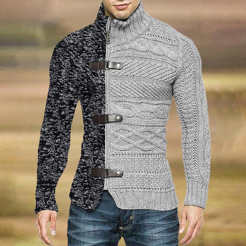 Autumn/Winter Turtleneck Sweater Men's Color Matching Leather Button Long-Sleeved Knitted Cardigan