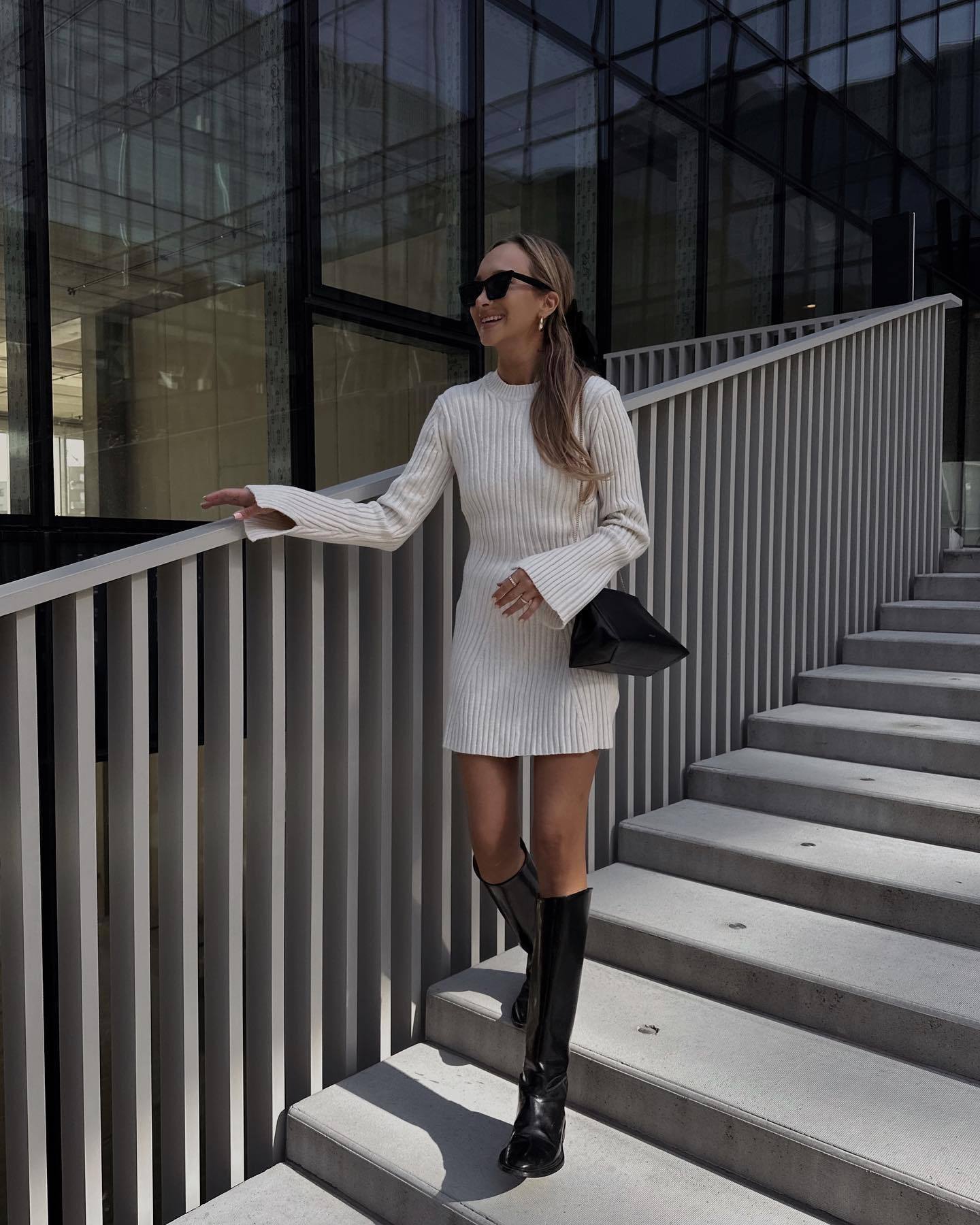 Long Sleeve Cotton & Silk Blend Rib Sweater Dress