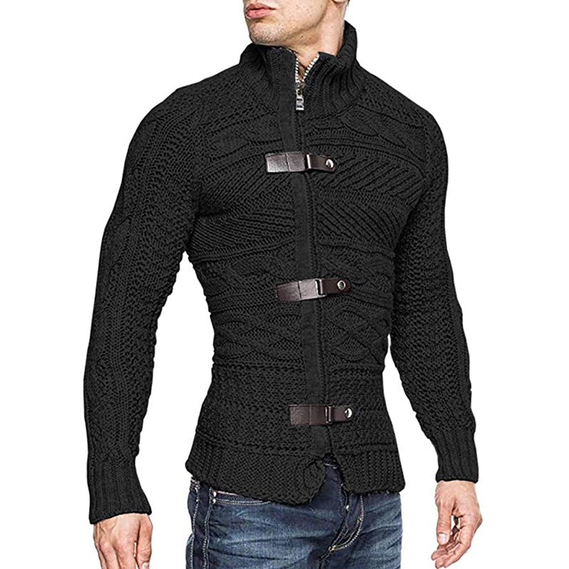 Autumn/Winter Turtleneck Sweater Men's Color Matching Leather Button Long-Sleeved Knitted Cardigan