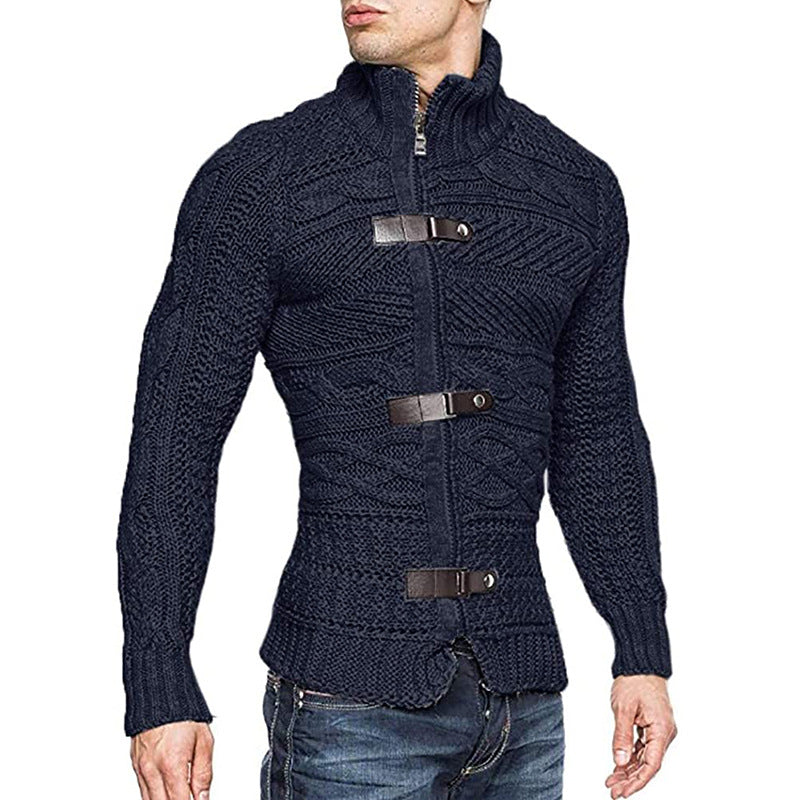 Autumn/Winter Turtleneck Sweater Men's Color Matching Leather Button Long-Sleeved Knitted Cardigan