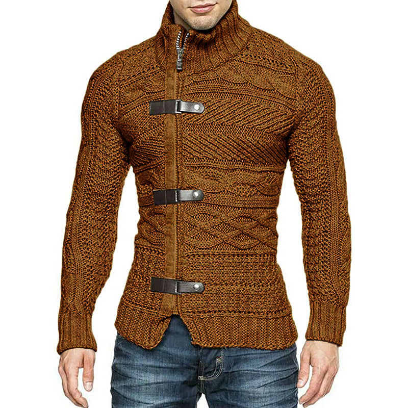 Autumn/Winter Turtleneck Sweater Men's Color Matching Leather Button Long-Sleeved Knitted Cardigan