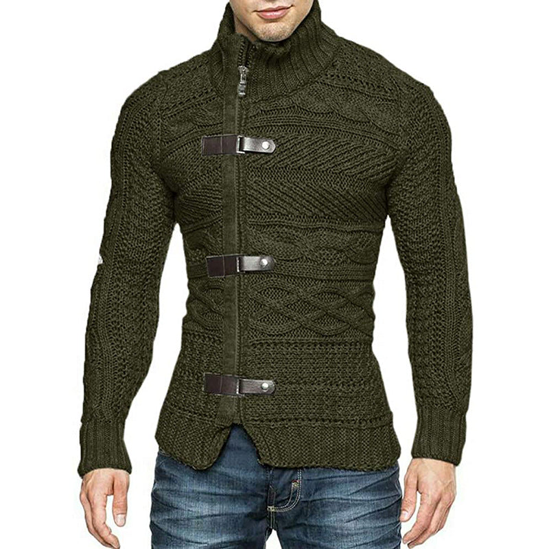 Autumn/Winter Turtleneck Sweater Men's Color Matching Leather Button Long-Sleeved Knitted Cardigan