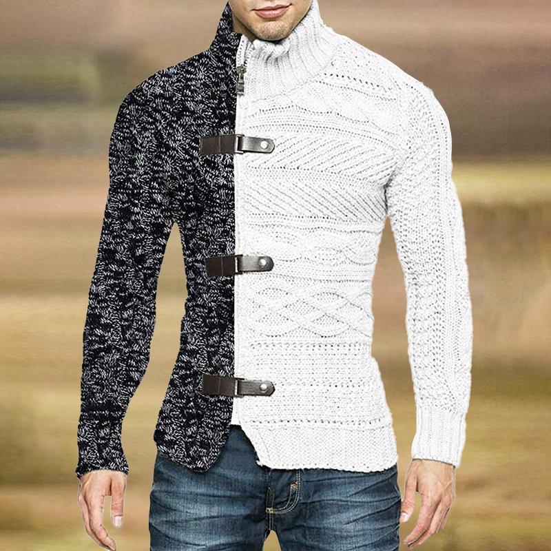 Autumn/Winter Turtleneck Sweater Men's Color Matching Leather Button Long-Sleeved Knitted Cardigan