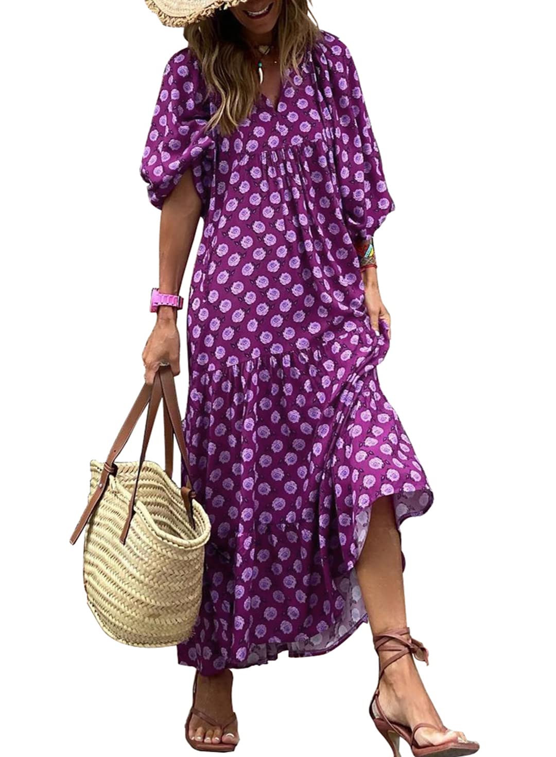 🎁This Week's Special Price $32.99💥Women's Puff Sleeve Floral Boho Maxi Dress