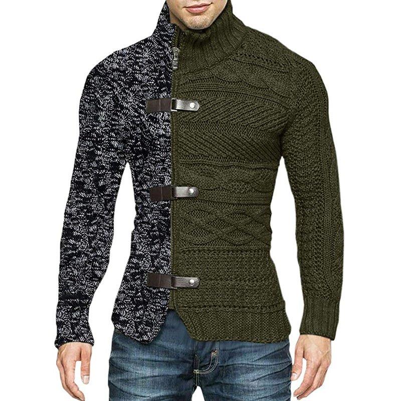 Autumn/Winter Turtleneck Sweater Men's Color Matching Leather Button Long-Sleeved Knitted Cardigan