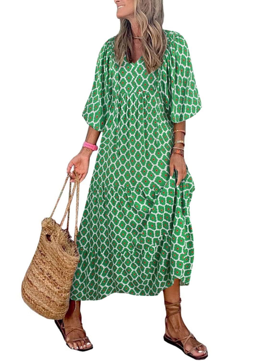 🎁This Week's Special Price $32.99💥Women's Puff Sleeve Floral Boho Maxi Dress