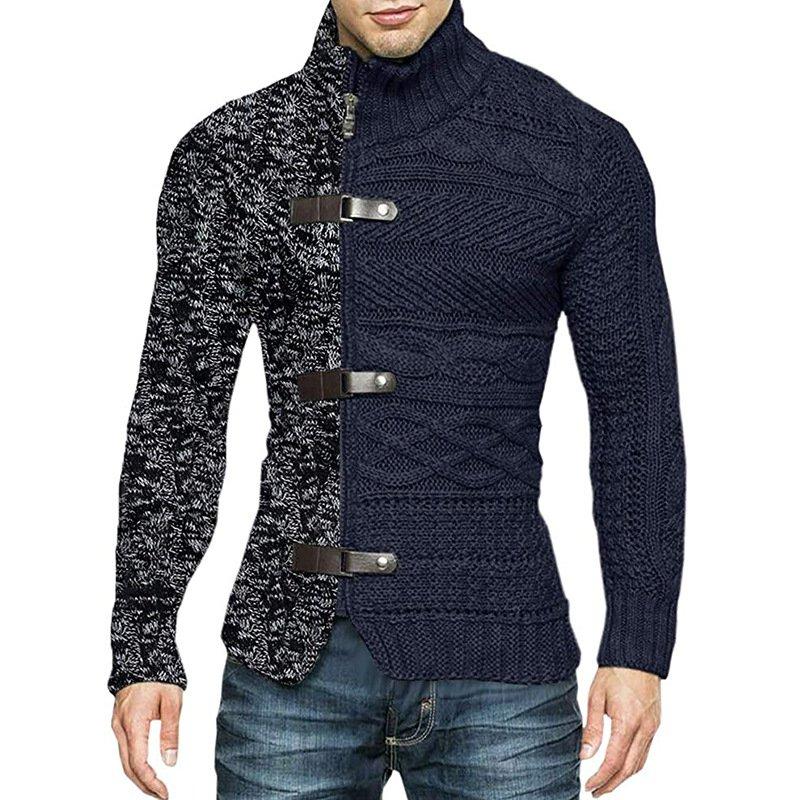 Autumn/Winter Turtleneck Sweater Men's Color Matching Leather Button Long-Sleeved Knitted Cardigan