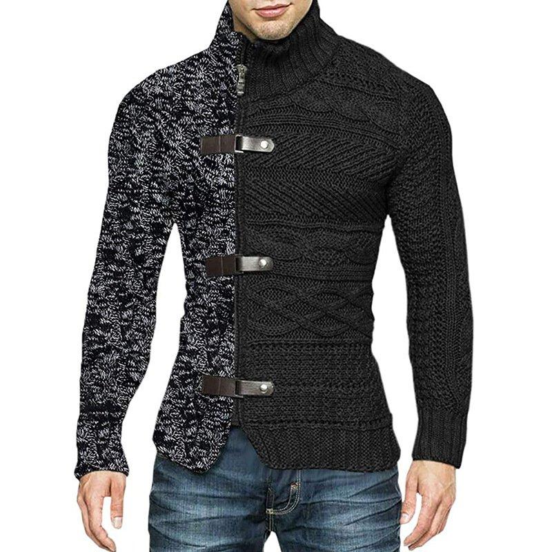 Autumn/Winter Turtleneck Sweater Men's Color Matching Leather Button Long-Sleeved Knitted Cardigan