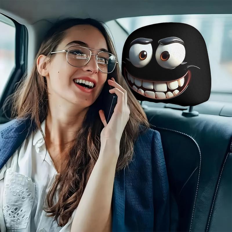 🔥2pcs Set of Funny Big-Eyed Grinning Cartoon Print Car Seat Headrest Covers