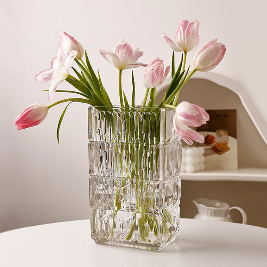 Simple vase ornaments for living room flower arrangement glass transparent (flat square Lusso vase)