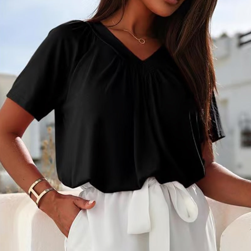 🔥💐Women's Casual Pleated V-Neck Short-Sleeve Top