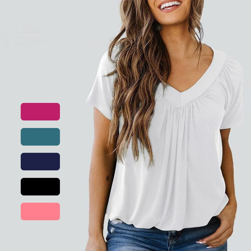 🔥💐Women's Casual Pleated V-Neck Short-Sleeve Top