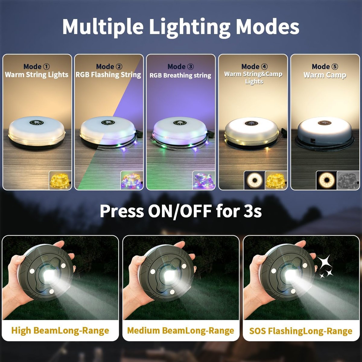4-in-1 Camping Light with RGB Light String & Power Bank