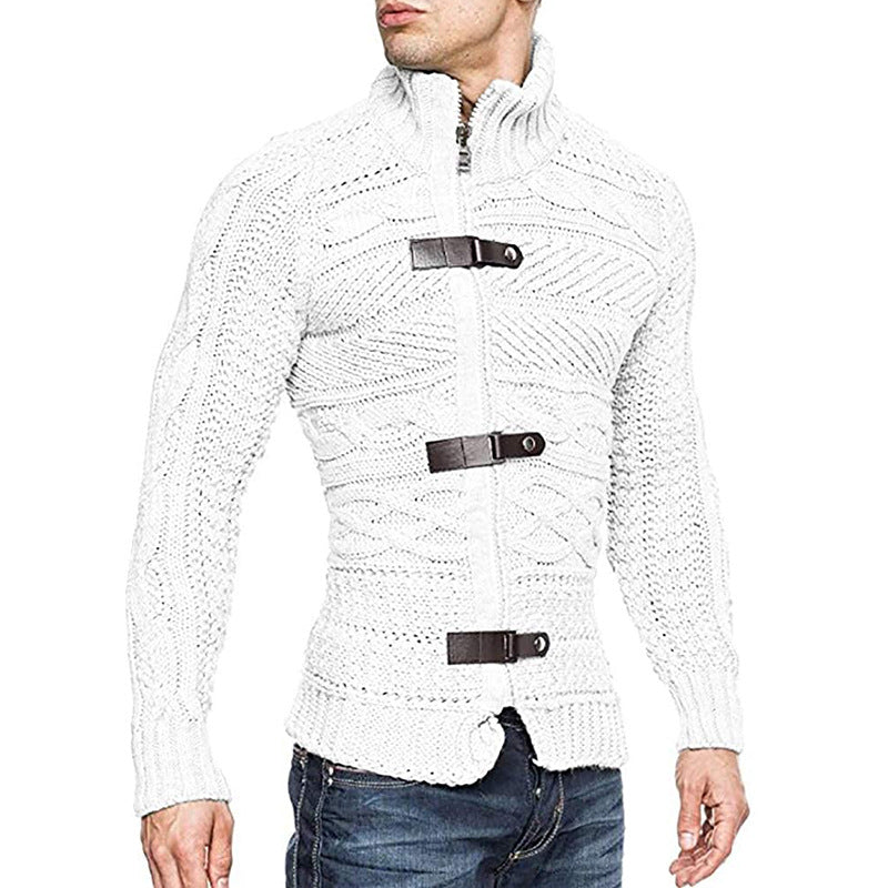 Autumn/Winter Turtleneck Sweater Men's Color Matching Leather Button Long-Sleeved Knitted Cardigan