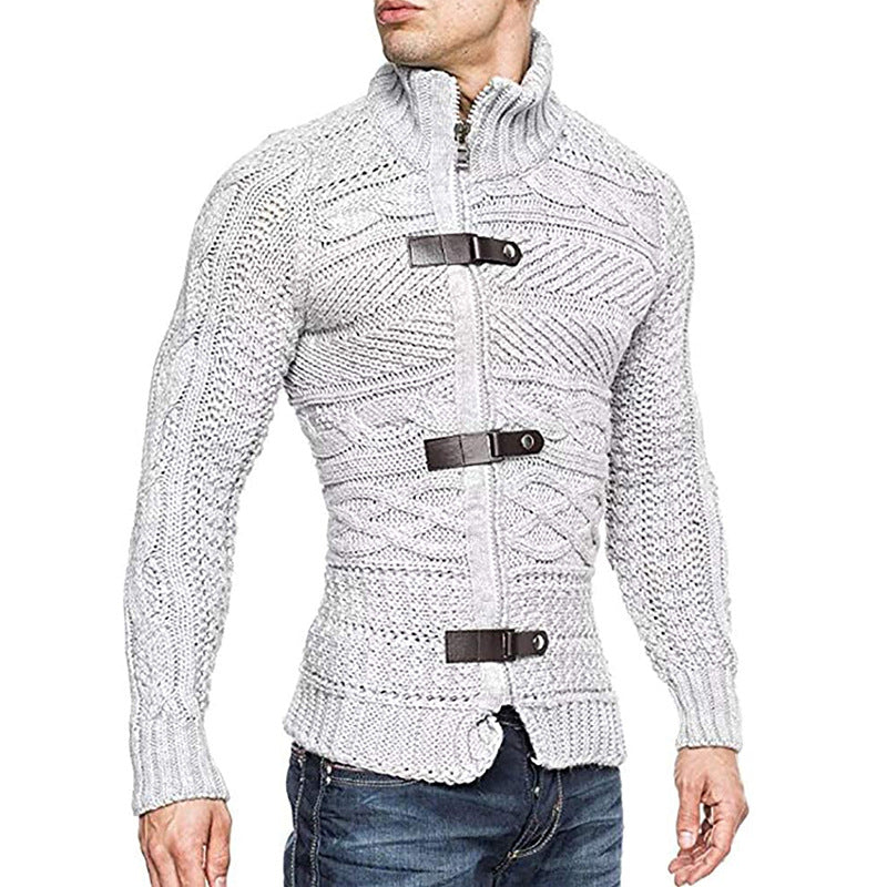 Autumn/Winter Turtleneck Sweater Men's Color Matching Leather Button Long-Sleeved Knitted Cardigan