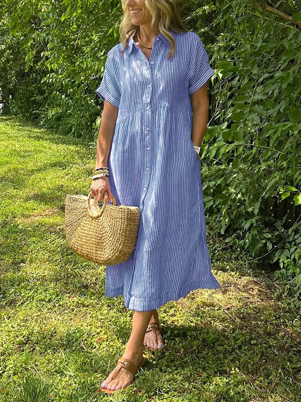 NEW🔥 Striped Lapel Button Down Shirt Dress | With Functional Pockets