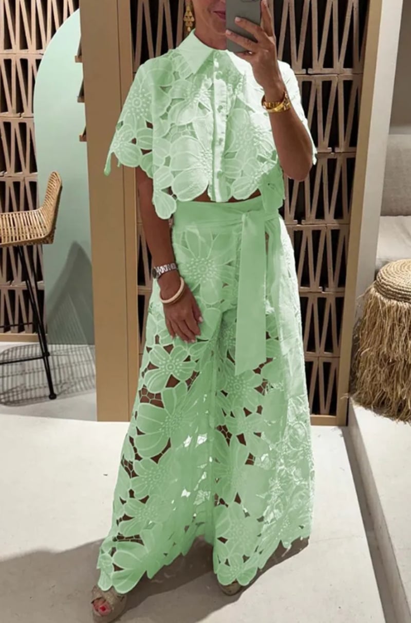 Exquisite Floral Embroidered Hollow Lace Top and Wide-Leg Pants Set
