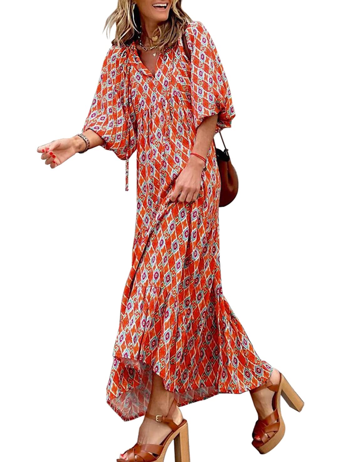 🎁This Week's Special Price $32.99💥Women's Puff Sleeve Floral Boho Maxi Dress