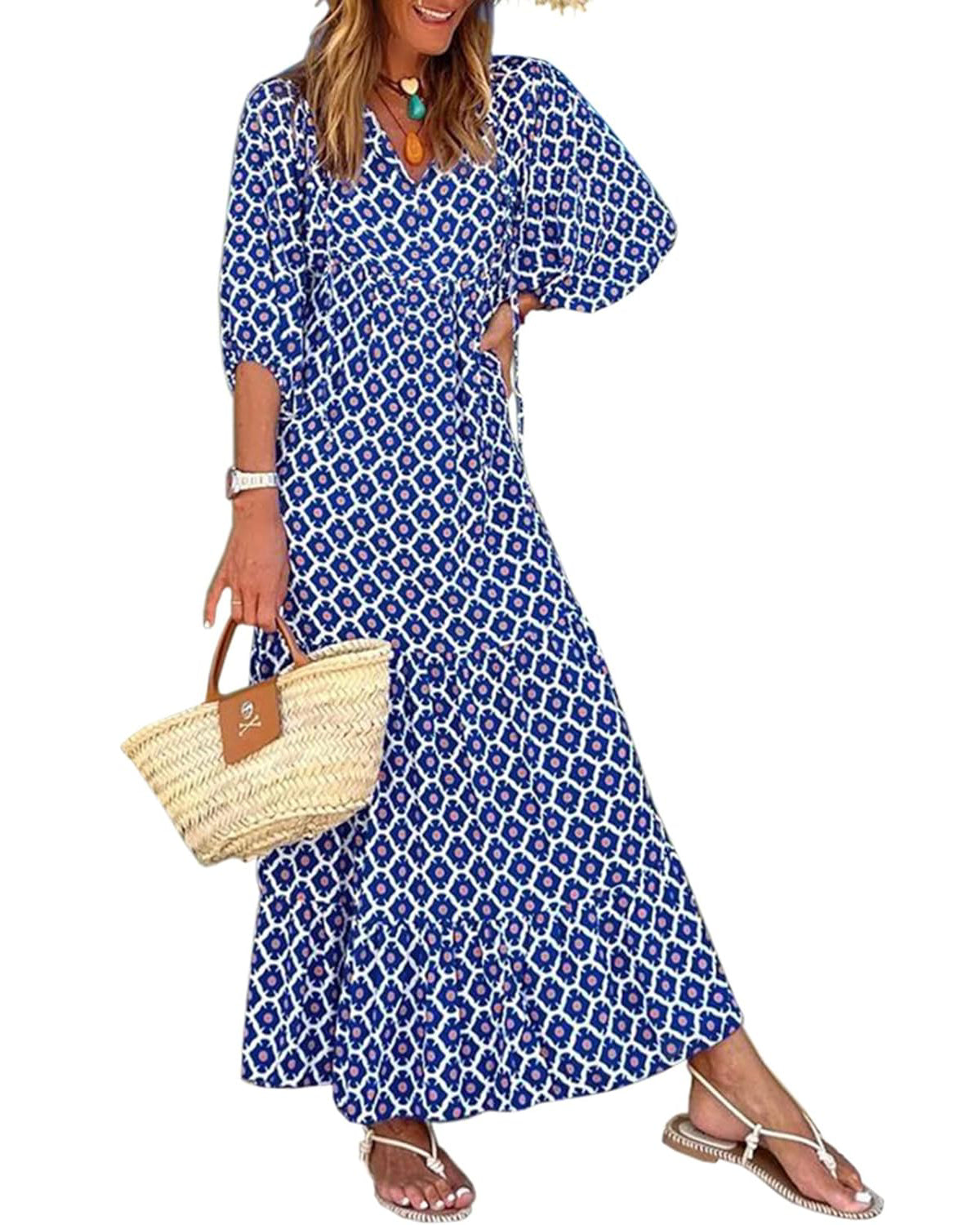 🎁This Week's Special Price $32.99💥Women's Puff Sleeve Floral Boho Maxi Dress