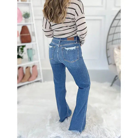 💖 High Rise Non Distressed Vintage Frayed Hem Bootcut Jeans