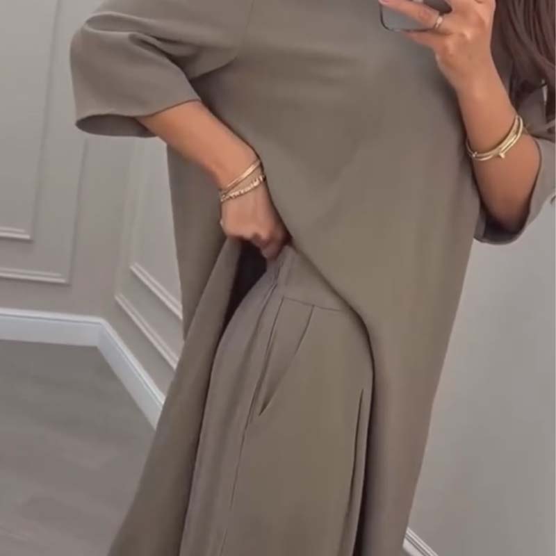 💕Solid Color Irregular Top & Wide-Leg Pants 2-PCS Set