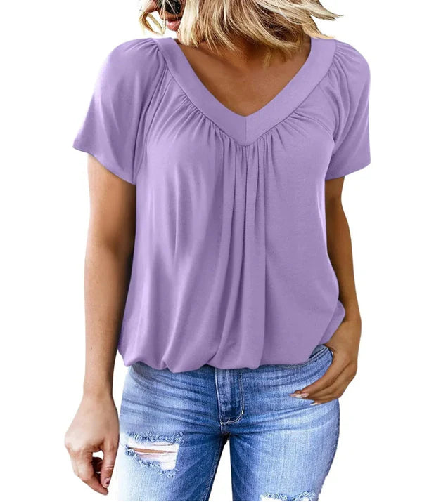 🔥💐Women's Casual Pleated V-Neck Short-Sleeve Top
