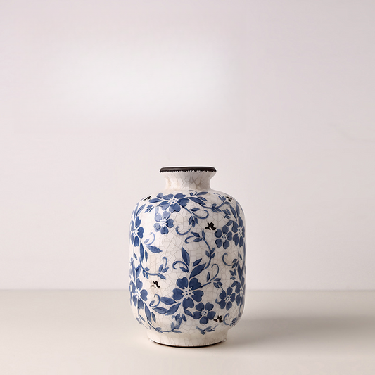 Small vintage Chinese ice crackle blue and white porcelain vase