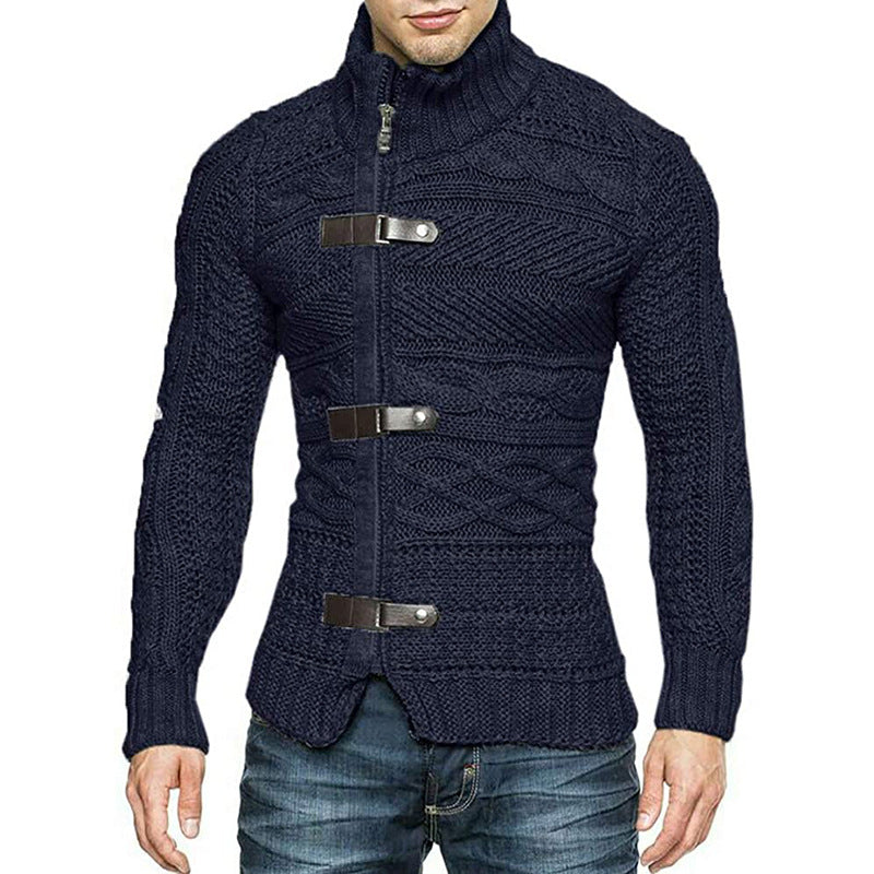 Autumn/Winter Turtleneck Sweater Men's Color Matching Leather Button Long-Sleeved Knitted Cardigan