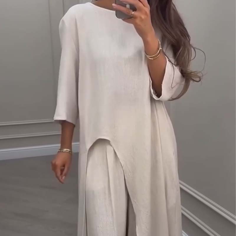 💕Solid Color Irregular Top & Wide-Leg Pants 2-PCS Set