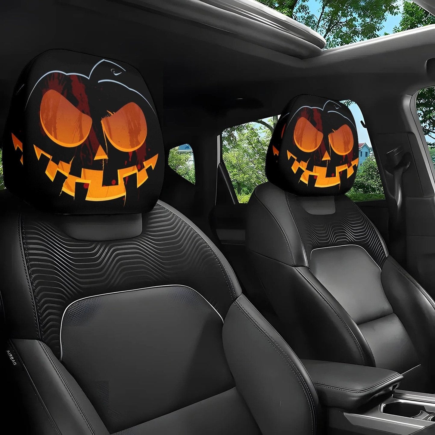 🔥2pcs Set of Funny Big-Eyed Grinning Cartoon Print Car Seat Headrest Covers
