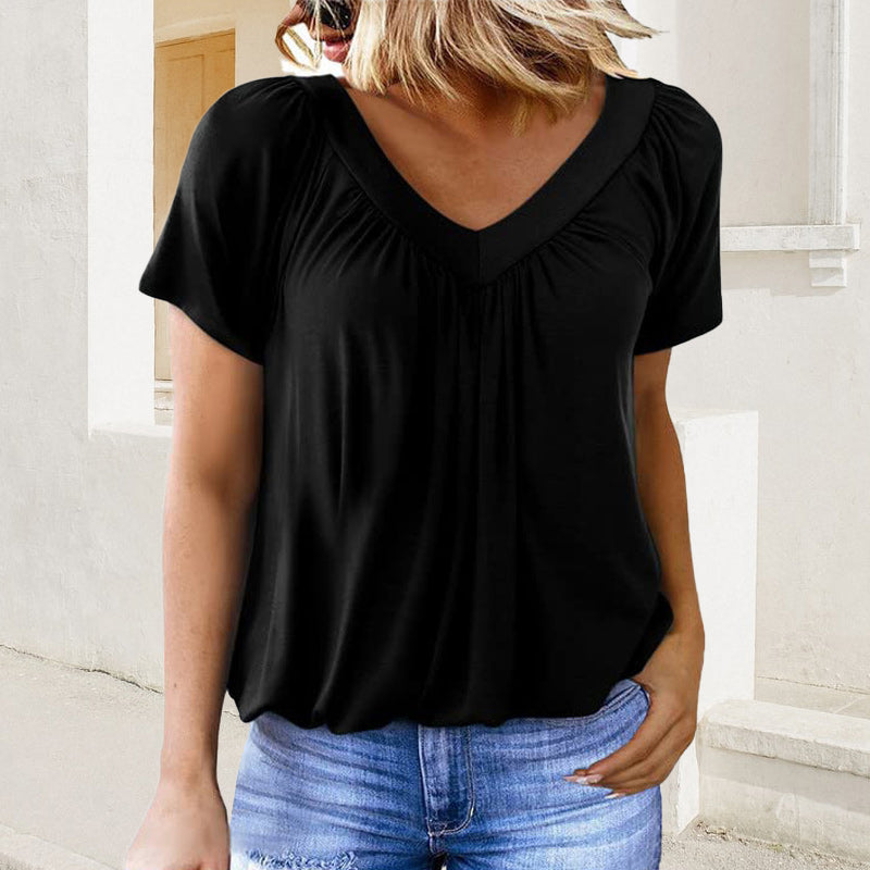 🔥💐Women's Casual Pleated V-Neck Short-Sleeve Top