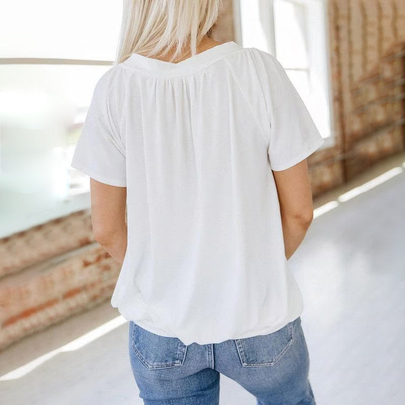 🔥💐Women's Casual Pleated V-Neck Short-Sleeve Top